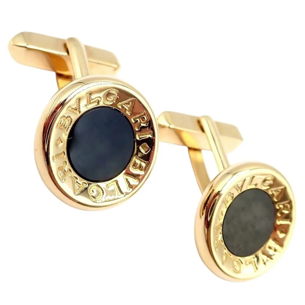 Authentic! Bulgari Bvlgari 18k Yellow Gold Black Onyx Large Cufflinks